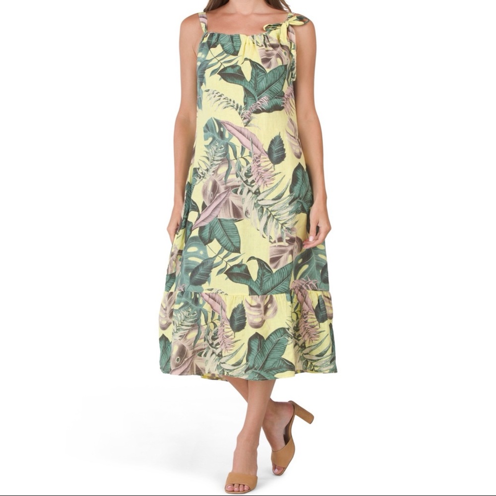 NWT Linen Tropical Flounce Midi Dress Yellow/Green